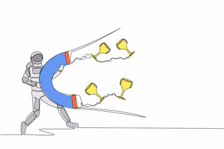 Continuous one line drawing of young astronaut attracting many trophy with huge magnet. Achievement spaceship business goals. Cosmonaut outer space. Single line draw graphic design vector illustrationのイラスト素材