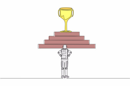 Single continuous line drawing of astronaut standing in front of staircase with trophy on top. Path to success in cosmic exploration. Cosmonaut deep space. One line graphic design vector illustrationのイラスト素材