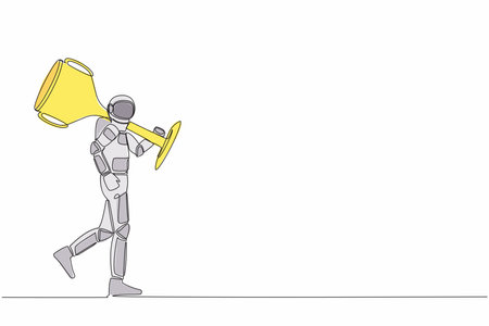 Single one line drawing of astronaut carry big trophy cup for winner as symbol of spaceship competition victory. Space business success. Cosmic galaxy space. Continuous line design vector illustrationのイラスト素材