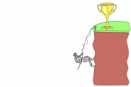 Continuous one line drawing of astronaut climber hanging on rope on top rocky cliff to reach trophy. Struggle in space expedition. Cosmonaut outer space. Single line graphic design vector illustrationのイラスト素材