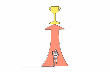 Single one line drawing back view young astronaut running and reach for trophy. Ability to win in space exploration race. Cosmic galaxy space. Continuous line draw graphic design vector illustrationのイラスト素材
