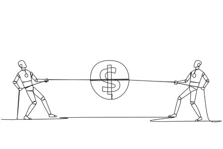 Single one line drawing two robots fighting over a coin with a dollar symbol. Competition for the highest payout for the smartest robots. Future technology. Continuous line design graphic illustrationのイラスト素材
