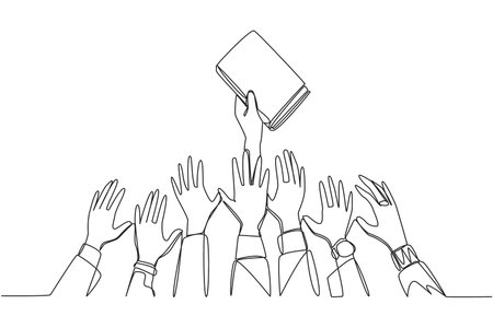 Single one line drawing hands fighting for book. Recipe for success has been shared. Fight to get it. Smart way to do business. Everyone can be successful. Continuous line design graphic illustrationのイラスト素材
