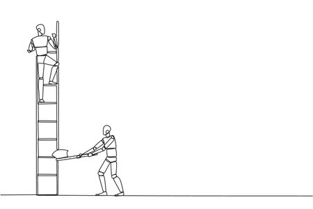 Single continuous line drawing smart robot climbs the ladder to achieve the expected reward. Destroyed silently. Business failed to develop. Destroyed by traitors. One line design vector illustrationのイラスト素材