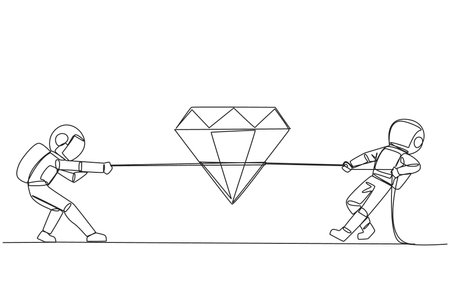 Continuous one line drawing two astronauts fighting over diamond. Fight for the expedition's most valuable asset. Failed to land on the moon. Lack of funds. Single line draw design vector illustrationのイラスト素材