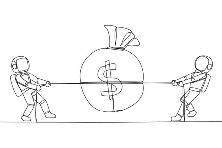 Single one line drawing two astronauts fighting over a money bag. Fight for financial aid for an important expedition into space. Trying to achieve dreams. Continuous line design graphic illustrationのイラスト素材