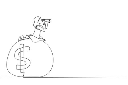 Continuous one line drawing Arab businesswoman emerges from money bag looking for something with binoculars. More concerned with saving than spending money. Single line draw design vector illustrationのイラスト素材