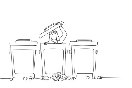 Continuous one line drawing Arabian businessman peeking out of trash can, there were lots of wads of paper. Hide from being chased by debt collectors. Sad. Single line draw design vector illustrationのイラスト素材