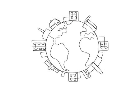 Continuous one line drawing buildings surround edge of the globe. Industrial area. Mostly there is pollution. Take care of the earth as best as possible. Single line draw design vector illustrationのイラスト素材
