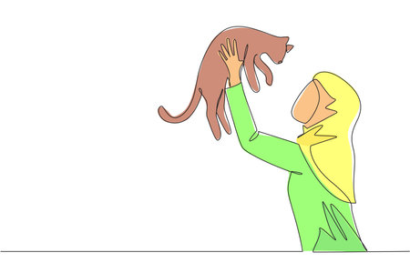 Continuous one line drawing of young beauty Arabian woman holding her cute cat. Woman pet owner plays with little cat. Happy woman holding cute kitty. Caring animals. Single line draw design vectorのイラスト素材