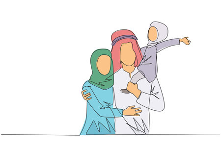Continuous one line drawing of young beauty Arabian woman hug her handsome husband who is holding their pretty daughter. Smiling couple with child. Happy family concept. Single line draw design vectorのイラスト素材
