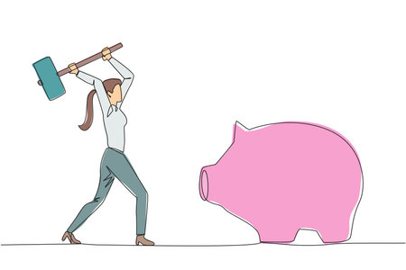 Single one line drawing businesswoman hits big piggy bank with big hammer. Responsible for paying off all bills by taking savings. Struggle for business. Continuous line design graphic illustrationのイラスト素材