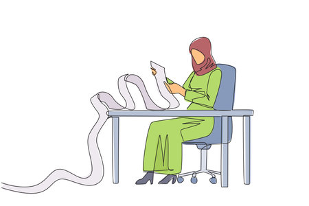 Continuous one line drawing Arabian businesswoman sitting in work chair holding roll of billing paper. Monthly recurring bill payment. Employee salary bills and other payments. Single line draw vectorのイラスト素材