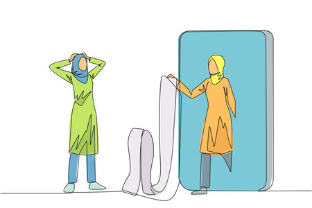 Continuous one line drawing Arab businesswoman standing facing businessman getting out of big smartphone holding long bill. Surprised by number of bills from business partners. Single line draw vectorのイラスト素材