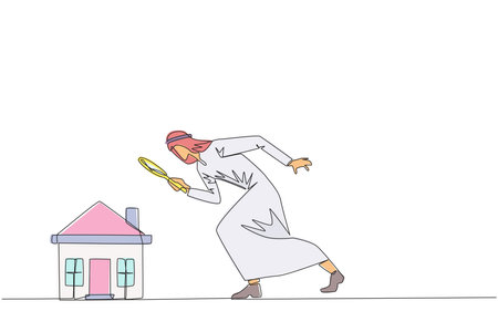 Single continuous line drawing of Arabian businessman holding magnifying glass looking at miniature house. Get ready to make passive income after viewing a house. One line design vector illustrationのイラスト素材