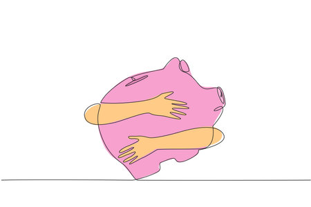 Continuous one line drawing of hands hugging piggy bank. Saving in the present for life in the future. The concept of concern for financial future. Single line draw design vector illustrationのイラスト素材