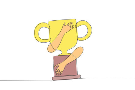 Single one line drawing of hands hugging trophy. Grasp the victory after a long struggle in running a new startup business. Smart business concept to develop company during pandemic. Continuous lineのイラスト素材