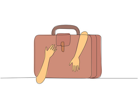 Single one line drawing of hands hugging briefcase. A journey that is needed to find experience so that the business being run can generate a lot of profit. Continuous line design graphic illustrationのイラスト素材