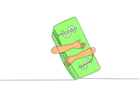 Single continuous line drawing of hands hugging banknote. Smart business will not betray results. The more effort, the more will get. Future investment with banknote. One line vector illustrationのイラスト素材