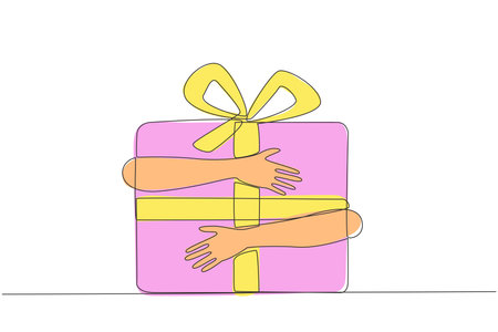 Single continuous line drawing of hands hugging gift box with red ribbon. Smart work that results in year-end bonuses. Work hard. Work smart. Sincere work. Get the bonus. One line vector illustrationのイラスト素材
