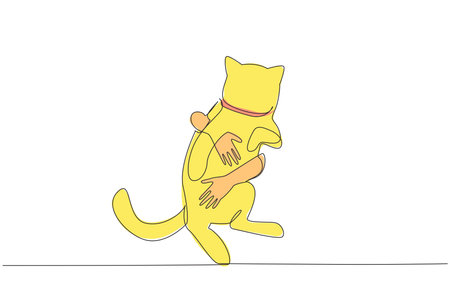 Single one line drawing of human hands hugging a cute cat. Play with little funny cat. Help the homeless animals find a home. Concept of caring animals. Continuous line design graphic illustrationのイラスト素材