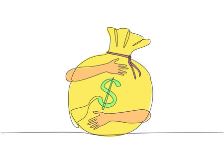 Single continuous line drawing of hands hugging big money bag. Successful entrepreneurs take advantage of existing opportunities to collect a lot of money. Wealth concept. One line vector illustrationのイラスト素材