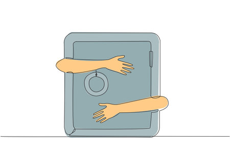 Continuous one line drawing of hands hugging safe deposit box. A concept used to store files, money or important data related to a company or client. Safe. Anti thief. Single line draw design vectorのイラスト素材