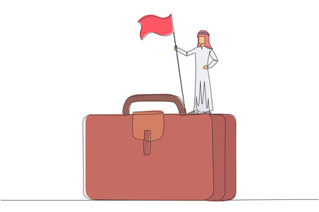 Continuous one line drawing of young Arabian businessman standing on giant briefcase holding flag. Going on a business trip to find newer ideas in startup business. Single line draw design vectorのイラスト素材