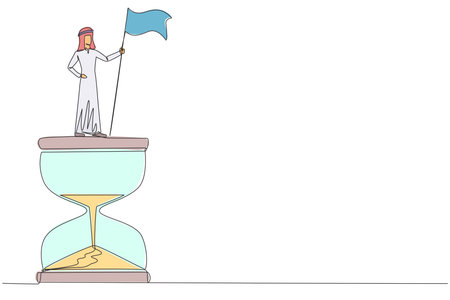 Single one line drawing of Arabian businessman standing on giant hourglass holding flag. Business...