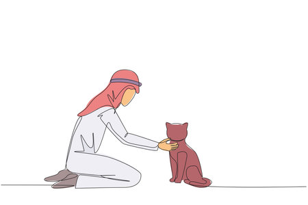 Continuous one line drawing of young energetic Arabian man hugging little cat. While kneeling, he put his cute cat on the floor while feeding. Animal lover. Single line draw design vector illustrationのイラスト素材