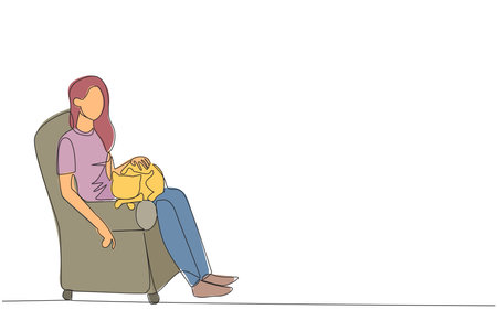 Continuous one line drawing of young beautiful woman sitting on the couch hugging cat and putting it on her thighs. Animal lovers especially cat, pet it untill sleep. Single line draw design vectorのイラスト素材