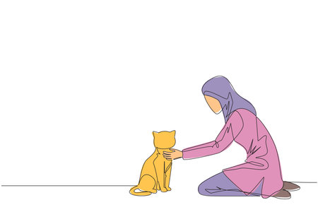 Single continuous line drawing of young Arabian woman hugging hugging her beloved cat. Kneeling, she put her cat on the floor. Stroking her cat and then asked to play. One line vector illustrationのイラスト素材