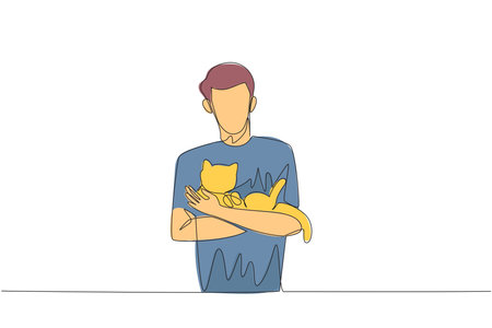 Single one line drawing of young happy man holding and cuddling his beloved cat. Owner pet loves his cat. Owner of feline animal petting it with love. Continuous line design graphic illustrationのイラスト素材