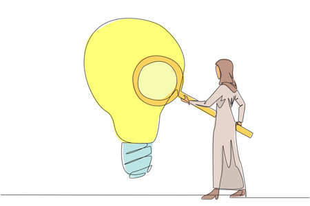 Continuous one line drawing Arab businesswoman stood holding the magnifier and checked big open book. Looking for valid information and data so that the business grows. Single line draw design vectorのイラスト素材