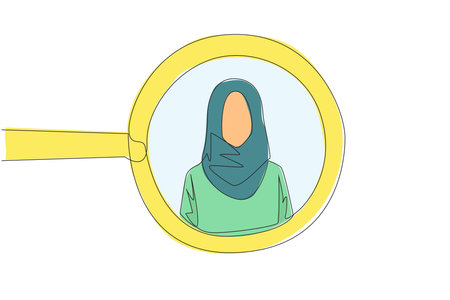 Single continuous line drawing of the circle of magnifiers highlights to young successful Arabian businesswoman. Resembles an avatar for photo on social media. Victorious. One line vector illustrationのイラスト素材