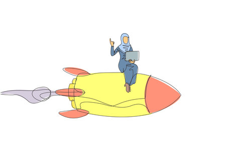 Continuous one line drawing of young Arabian businesswoman sitting on flying rocket. Index finger of the right hand lifts up while the other holds the laptop. Future transportation. Single line drawのイラスト素材