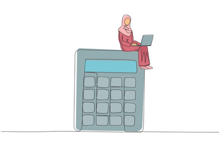 Continuous one line drawing young Arabian businesswoman sitting on giant calculator working on laptop computer. Calculating financial profit or passive income. Online payment. Single line draw designのイラスト素材