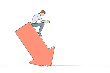 Single one line drawing of sluggish businessman sits downcast on a swooping arrow stuck in the ground. Losses from the stock exchange. Heavy inflation. Continuous line design graphic illustrationのイラスト素材