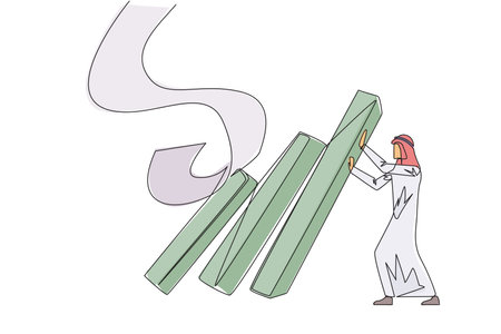 Continuous one line drawing Arab businessman holds back pile of walls resembling collapsed bills. Withstand onslaught of bills by holding back unnecessary business expenses. Single line draw vectorのイラスト素材