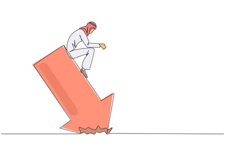 Single one line drawing of Arab sluggish businessman sits downcast on a swooping arrow stuck in the ground. Losses from the stock exchange. Heavy inflation. Continuous line design graphic illustrationのイラスト素材