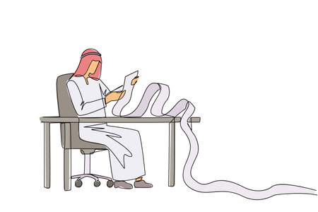 Single continuous line drawing Arab businessman sitting in work chair holding roll of billing paper. Monthly recurring bill payment. Employee salary bills and other payments. One line design vectorのイラスト素材