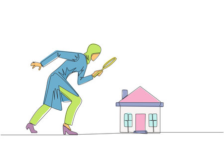 Continuous one line drawing of Arabian businesswoman holding magnifying glass looking at miniature house. Get ready to make passive income after viewing a house. Single line draw vector illustrationのイラスト素材