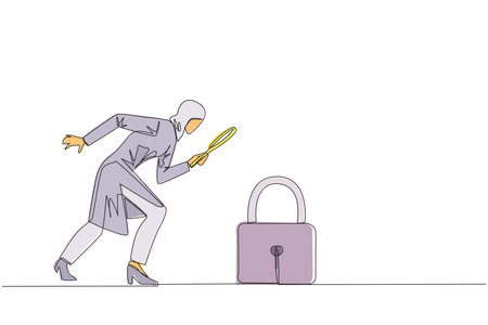 Single continuous line drawing of Arabian businesswoman holds magnifying glass look at padlock. Looking ways to protect stock values to keep high and safe from hackers. One line vector illustrationのイラスト素材