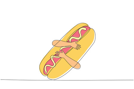 Single continuous line drawing of hands hugging hot dog. Cooked long sausages are served with buns and then topped with pieces of lettuce, tomato, onion. Fast food. One line design vector illustrationのイラスト素材