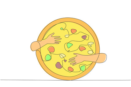 Continuous one line drawing of hands hugging pizza. Culinary from Italy which is now known throughout the world. Typical food in the form of circular flatbread. Single line design vector illustrationのイラスト素材
