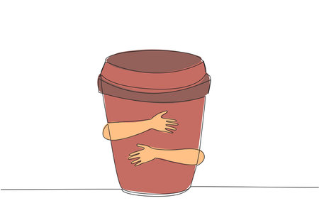 Single one line drawing of hands hugging paper cup coffee. A cup of coffee to accompany work. Coffee can help concentration, reduce the risk of depression. Continuous line design graphic illustrationのイラスト素材