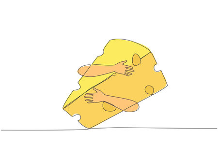 Single continuous line drawing hands hugging cheese. Foods made from milk go through a coagulation process. Milk that comes from cows, goats, camels or even horses. One line design vector illustrationのイラスト素材