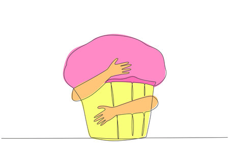Continuous one line drawing human hands hugging huge muffin. Small circular buns with a sweet taste. Delicious when served warm as a friend to drink tea. Single line draw design vector illustrationのイラスト素材