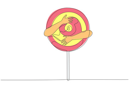 Continuous one line drawing human hands hugging lollipop. One of popular snacks that have sweet taste with colorful colors. Has a distinctive shape because has a stalk. Single line draw design vectorのイラスト素材