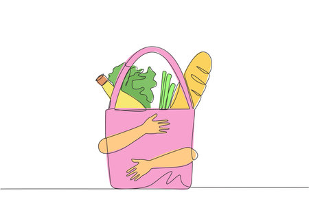Single continuous line drawing hands hugging grocery paper bags with handle. Paper bags with handles that make it easy to use for shopping for daily needs at mini market. One line vector illustrationのイラスト素材